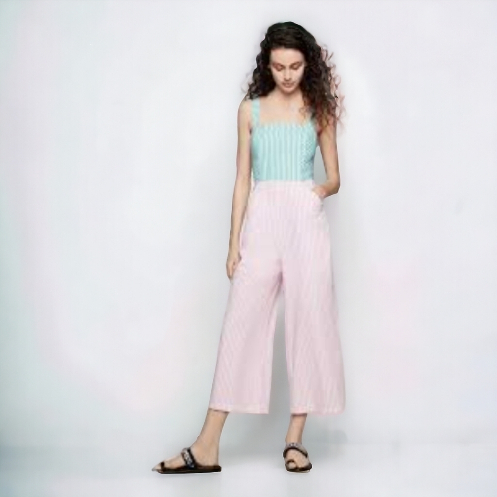 BCBG 90s Sleeveless Cotton‎ Cropped Lined Asymmetric Striped Wide Leg Jumpsuit 6